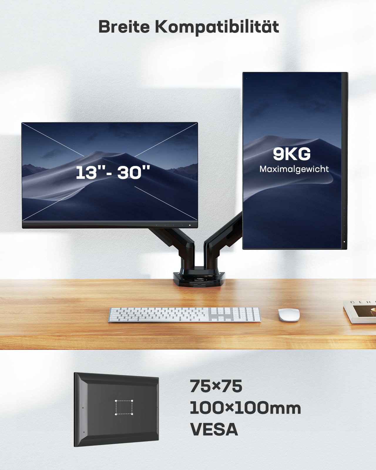 HUANUO Monitor Halterung 2 Monitore für 13 bis 32 Zoll Bildschirme, Bildschirmhalterung 2 Monitor, Gaming Monitorhalterung 2 Monitore - 360° Drehbar, 2 Montageoptionen, VESA 75 & 100 (Schwarz) 2