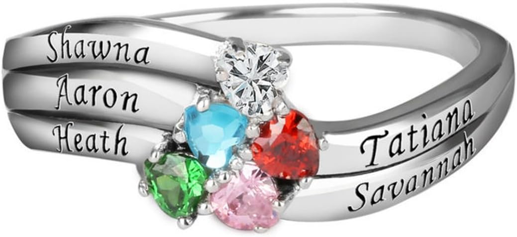 925 Sterling Silver Mothers Birthstone Custom Personalised Engraved Name 5 Hearts Bands Ring
