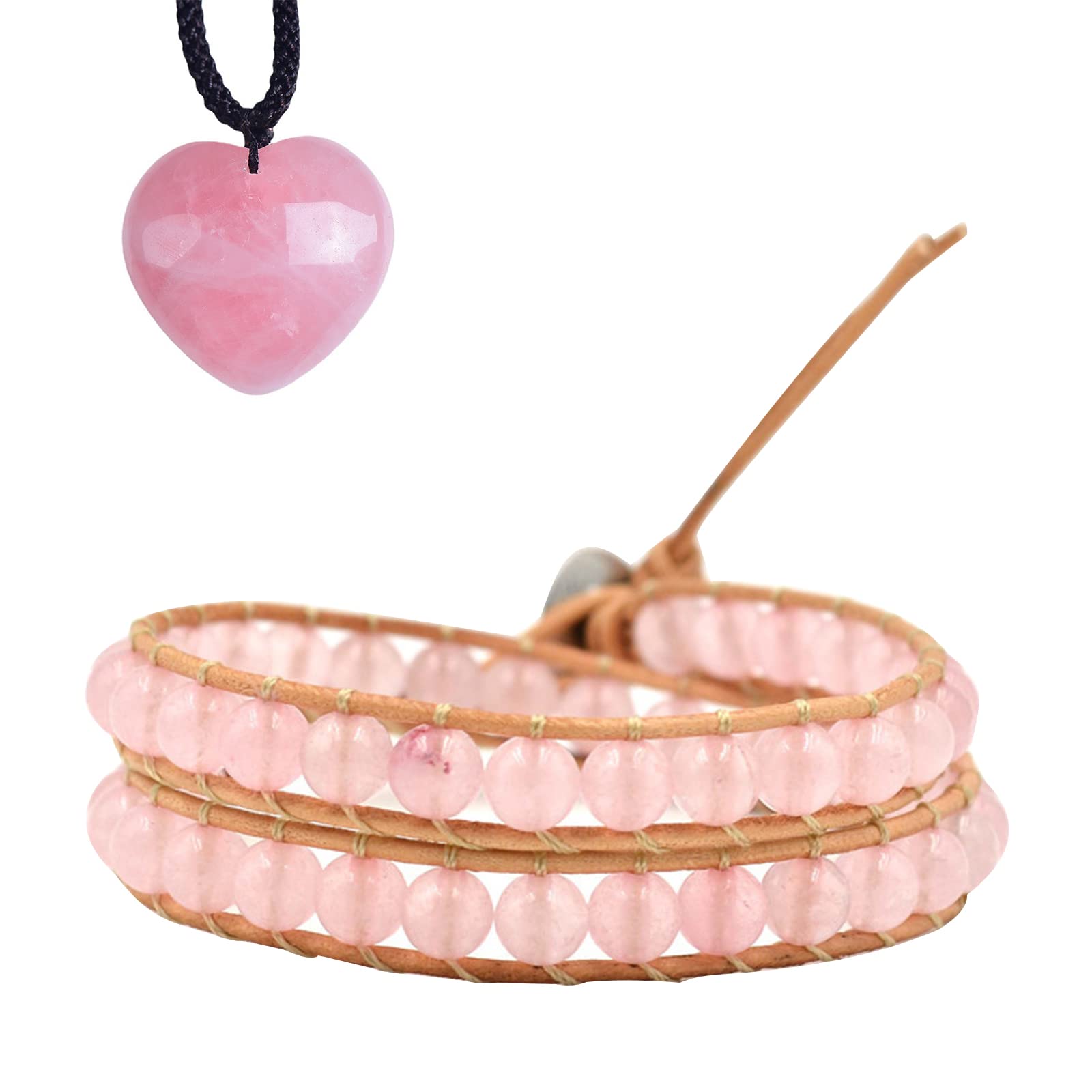 Healing Crystal Natural Rose Quartz Crystal Yoga Symbol Water Drop Shape Pendant Necklace Hand Woven Pink Crystal Beads Bracelet for Yoga Reiki Meditation