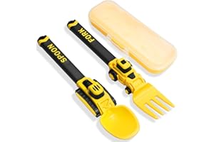 Deinyi Construction Toddler Utensils - Reusable Plastic Toddler Fork and Spoon & Storage Case - Suitable for Kids Utensils - Christmas Gifts and Birthday Gifts for 1 2 3 4 5 6 7 year old, Yellow