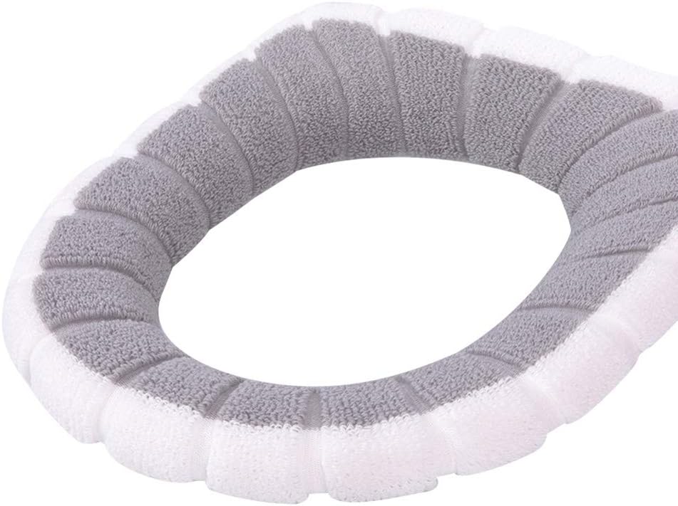 Toilet Cushion,Warm Soft Washable Bathroom Toilet Seat Cover Fiber Closestool Mat Home Decor - White + Grey