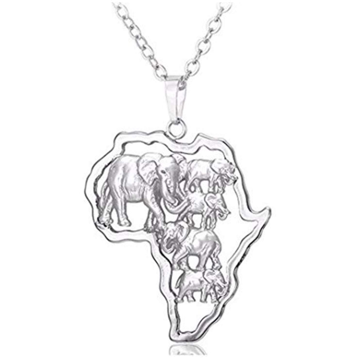 IzuBizu London Unisex Silver Stainless Steel Necklace Trendy Elephant African Map Pendant Birthday Anniversary Father's Day
