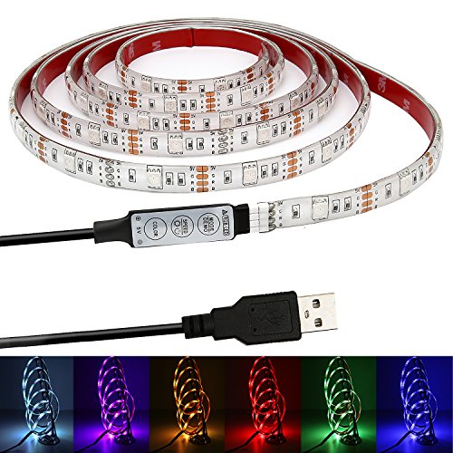YUHAN USB Powered LED Light Strip,1M(3.28FT) DC5V 5050 RGB LED Lights 20 Color Options Waterproof TV Backlight Background Lighting Built-in Controller for HDTV,TV,PC,LCD Desktop Monitors (1M/3.28FT)