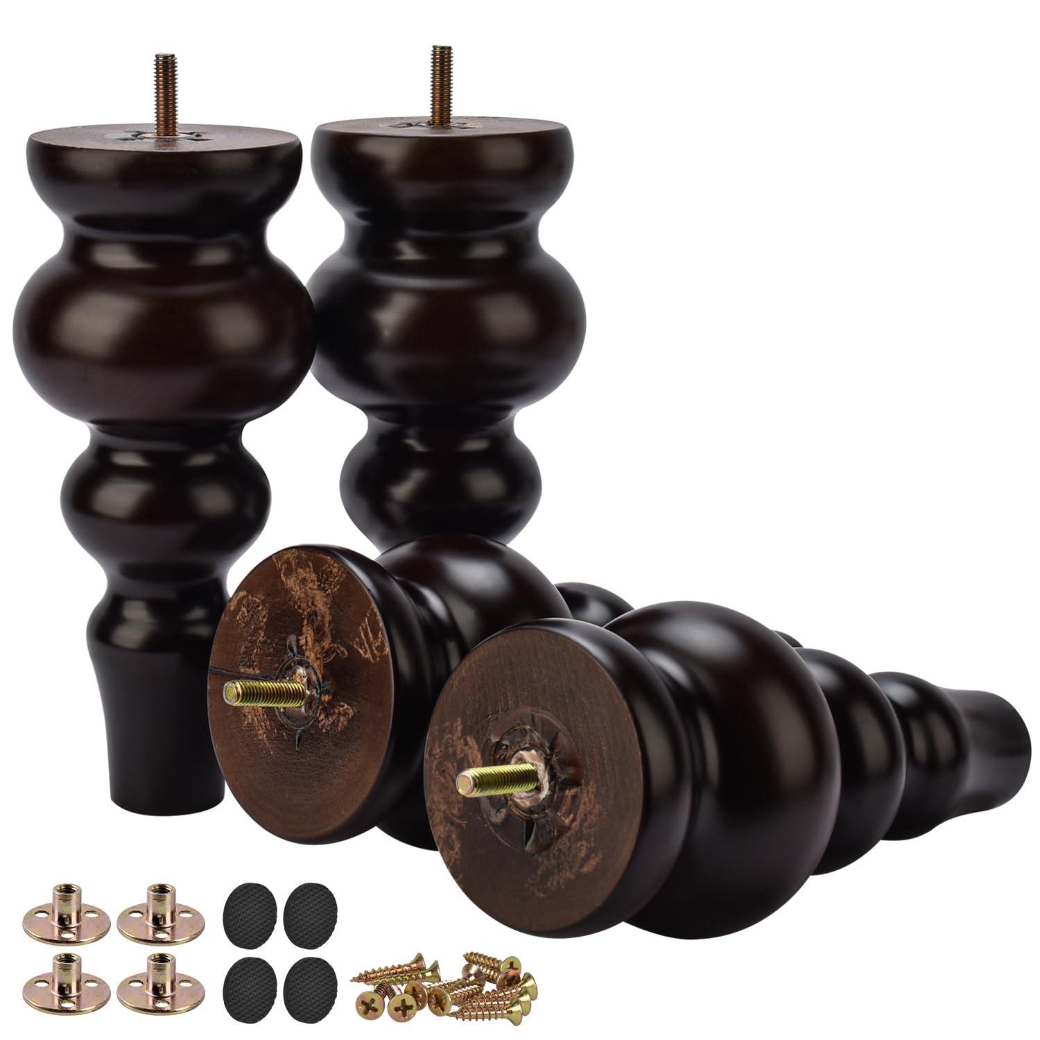Btowin 9 inch / 22cm Solid Wood Furniture Legs, 4Pcs Large Turned Walnut Wooden Bun Feet with Threaded M8 Hanger Bolts & Mounting Plate & Screws for Sofa Couch Ottoman TV Stand Bed