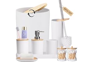 SLDIYWOW 9PCS White Bathroom Accessories Set with Trash Can, Tray, Soap Dispenser, Toothbrush Holder, Toothbrush Cup, Soap Dish, Toilet Brush and Q-tip Holders for Bathroom