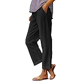 APRDFEU Cotton Linen Pants Women Summer Boho Dressy Casual Straight Leg Capri Pants Elastic Waist Beach Trousers with Pockets