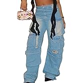 Geulis Women's High Waisted Baggy Jeans Casual Loose Wide Leg Denim Pants Ripped Cargo Jeans Streetwear with Flap Pocket