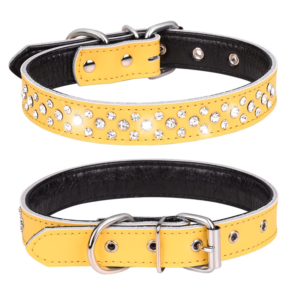 Haoyueer Rhinestones Dog Collar, Adjustable Sparkly Crystal Studded Genuine Leather Pet Dog Collar for Small and Medium Dogs (M, Yellow) — image 1