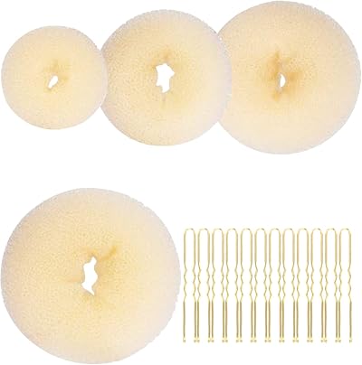 Gunwon 4pc Hair Donut Bun Shaper Set 4 Sizes Beige Nylon 20 Golden Bobby Pins
