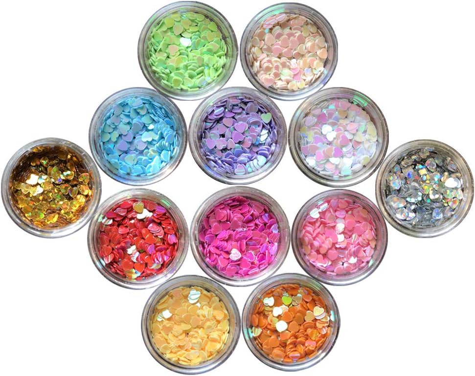 Nail Glitter 12 Boxes Heart Nail Art Flakes Hexagon Confetti Festival Glitter Colorful Chunky Glitters for Hair Face and Eye Make Up Foil Flakes (12Colors,Heart-Shaped)