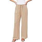 GRAPENT Linen Wide Leg Pants Woman High Waisted Pull On Button Drawstring Baggy Casual Summer Palazzo Pants with Pockets
