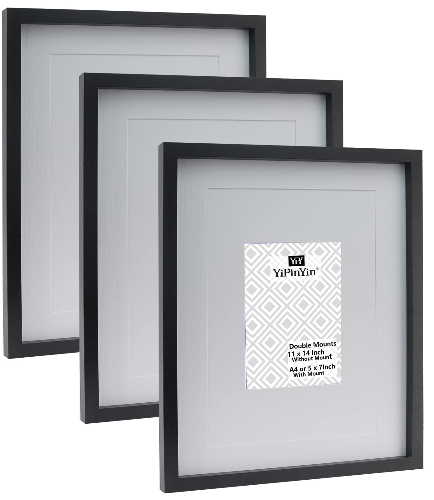 11x14 Inch Black Boxed Gallery Picture Frames Set of 3 With Double Mounts for A4 & 7x5 photo,Black Boxed Gallery A4 Picture Frames 3 packs for Wallmounted.