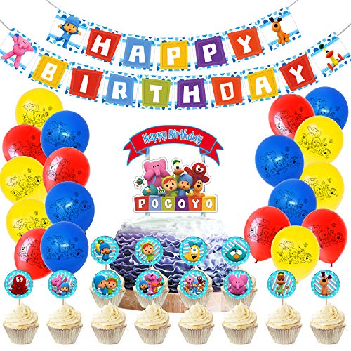 Pocoyo Birthday Party Supplies includes Banner Cake Topper 24 Cupcake Toppers 18 Balloons