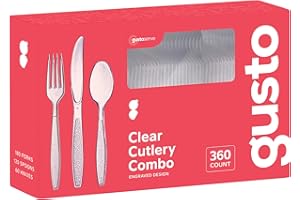 Gusto [360 Combo Box] Clear Silverware, Heavy Weight Disposable Utensils - 180 Forks, 120 Spoons, 60 Knives, Perfect for Wedd