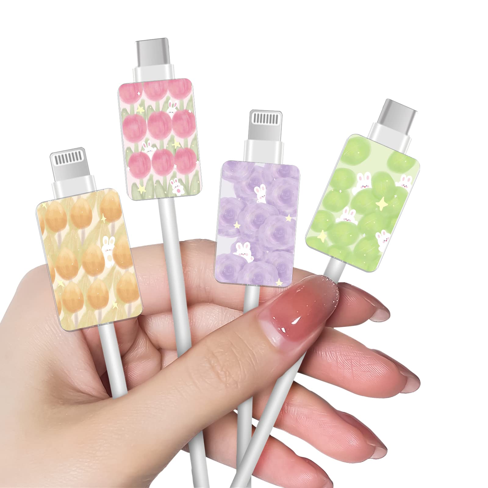 DiyGody Cartoon Cable Protector for iPhone Type-c Charger for Women Girls Teen,Cute Flowers Bunny Pattern 4 PCS Set Phone Cable Protector,Cord Saver,Cable Chomper,Cable Wire Protector