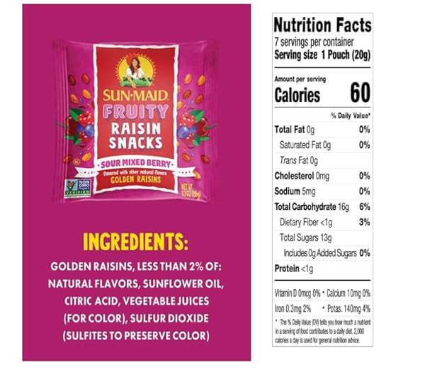 SUN-MAID SOUR MIXED BERRY FRUITY RAISIN SNACKS – (56 PACK) 0.7 OZ POUCHES – SOUR MIXED BERRY RAISINS – DRIED FRUIT SNACK FOR LUNCHES AND SNACKS