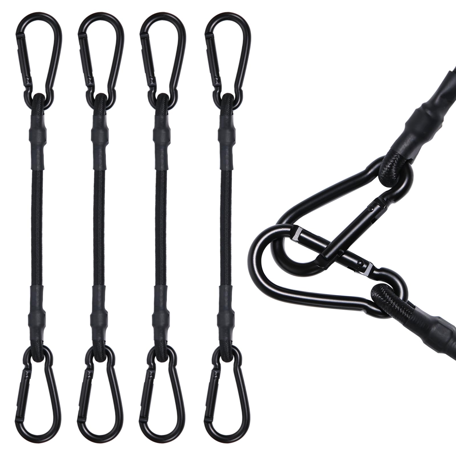 LOOGI Bungee Cords with Carabiner – 4 Pack 40 Inch Heavy Duty Long Elastic Straps, Extra Strong Black Bungee Ropes with Hook for Bike Racks, Roof Racks, Luggage, Camping