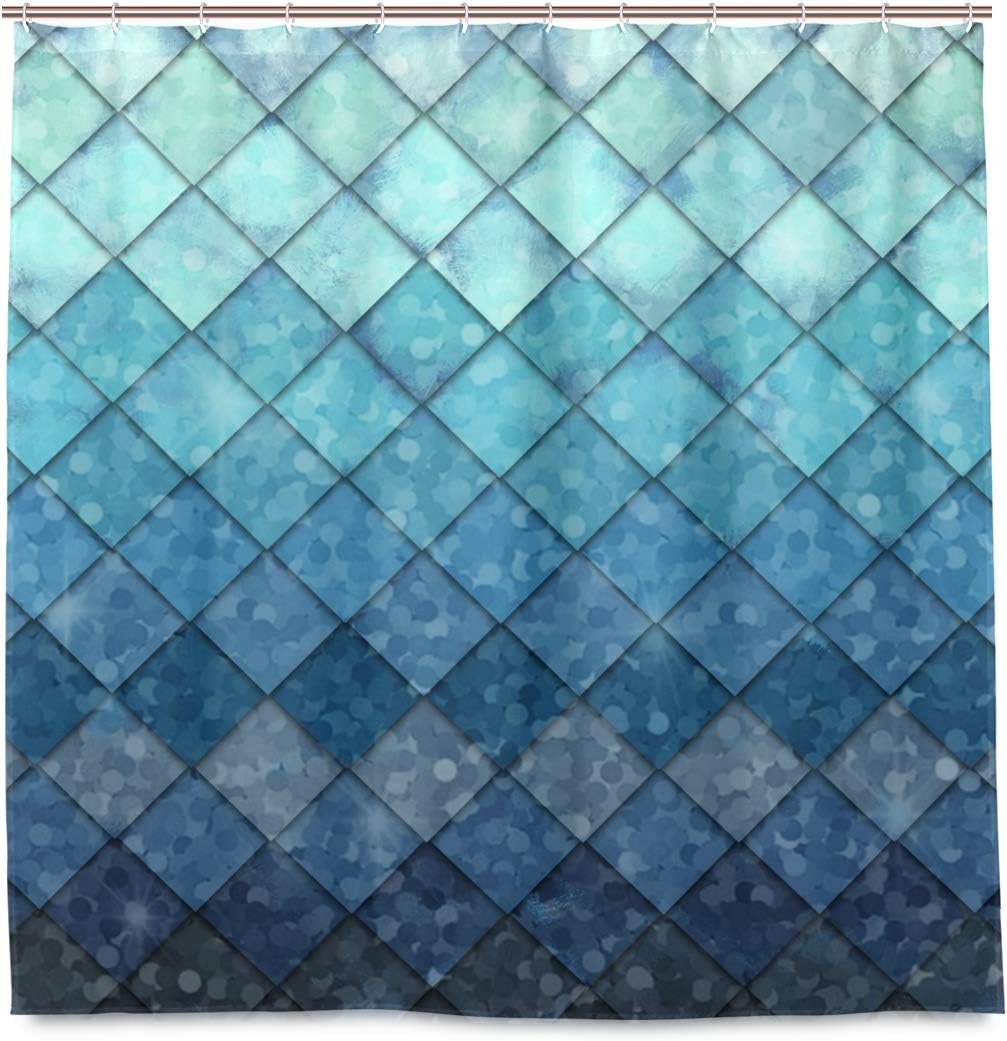 Mermaid Shower Curtains Ocean Blue Teal Fish Scales Geometric Rhombus Bathroom Curtains Proof Resistant Fabric Weighted Bath Curtain Washable Tub Shower Curtain for Holiday 12 Hooks 183x183 cm - Image 3