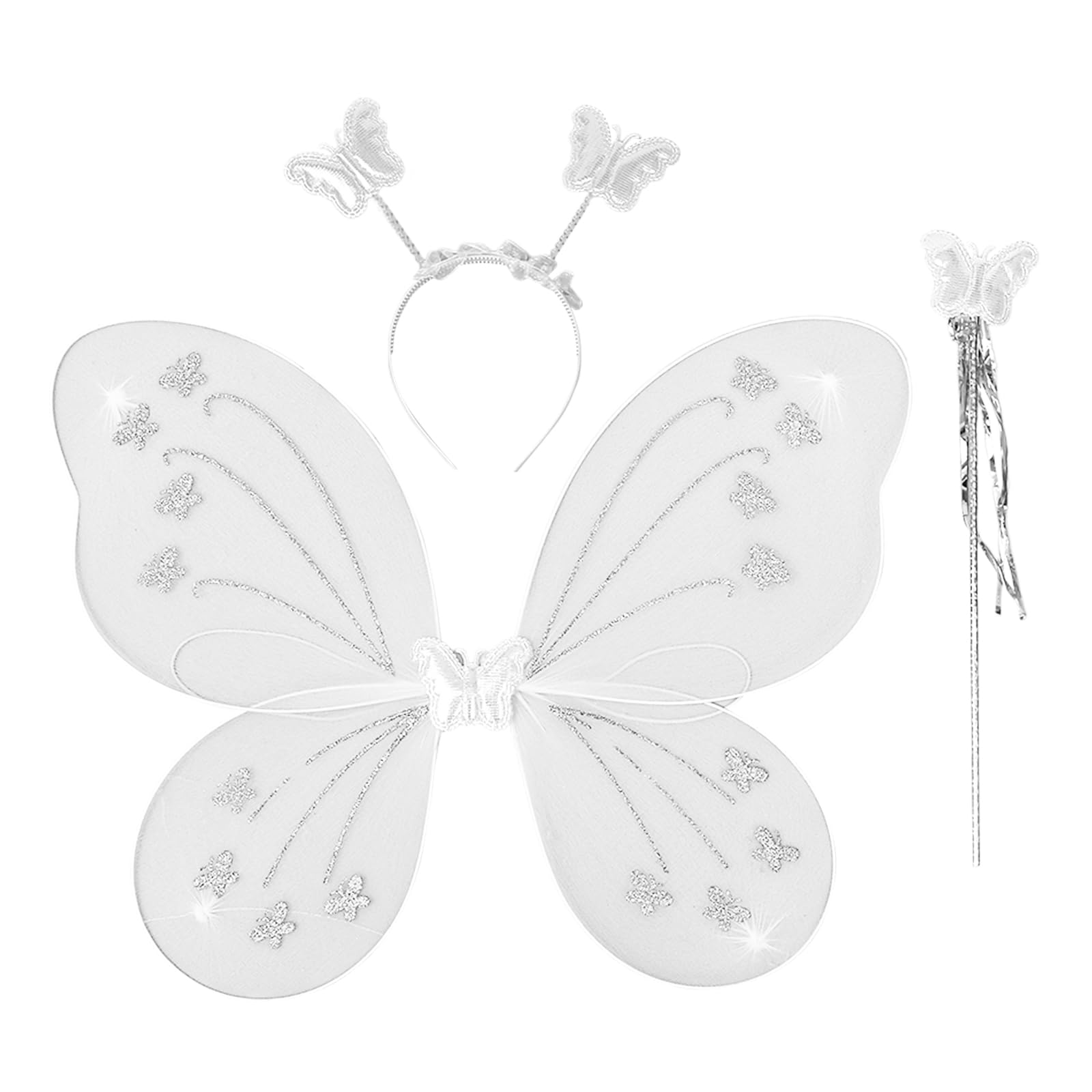3Pcs White Fairy Wings Dress up Kids - Butterfly Wings Costume Girls Boys with Headband and Wand - for Easter Birthday Picnic Party