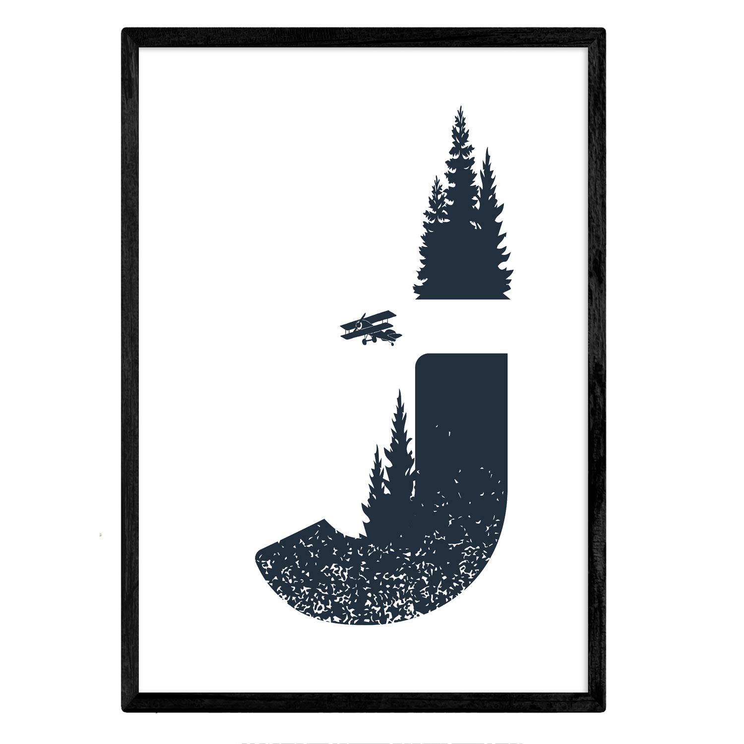 Nacnic Letter J with forest and mountains plane. Naturaleza.Posters of letters with design. A4 unframed — image 1