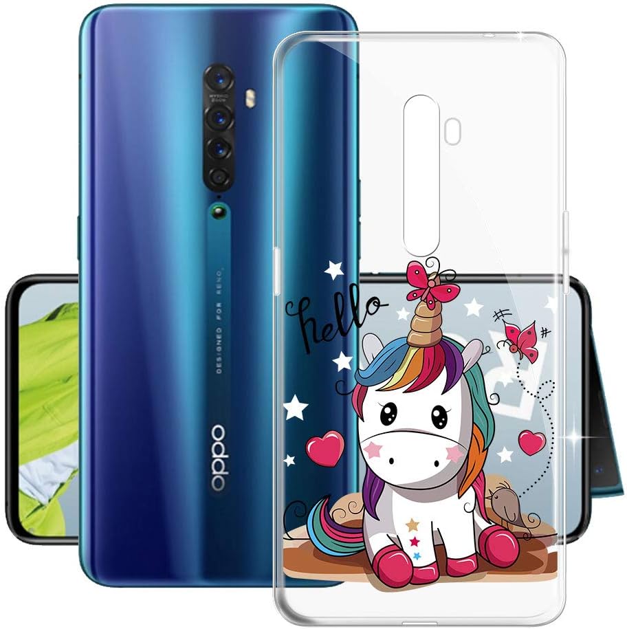 Oppo Reno 2 Case, HHUAN Shock-Absorption Flexible Soft Transparent Unicorn TPU Shell Silicone Gel Resistant Protective Case Bumper Cover for Oppo Reno 2 (6.55")