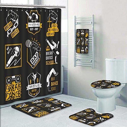 PRUNUSHOME 5-piece Bathroom Set-Includes Shower Curtain Liner, breakdance bboy s in poses collection logo and badges Decorate the bathroom(Large)