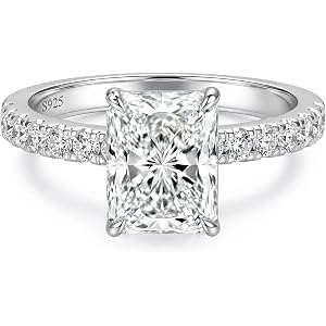 LOIPURI 3CT Radiant Cut Moissanite Engagement Ring for Women | D Color VVS1, 925 Sterling Silver, 14K White Gold Plated, Wedd