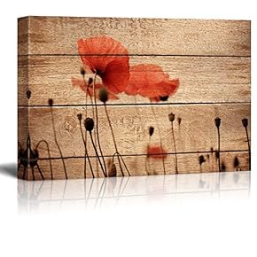 Canvas Prints Wall Art - Poppy Flowers on Vintage Wood Background - 12" x 18"