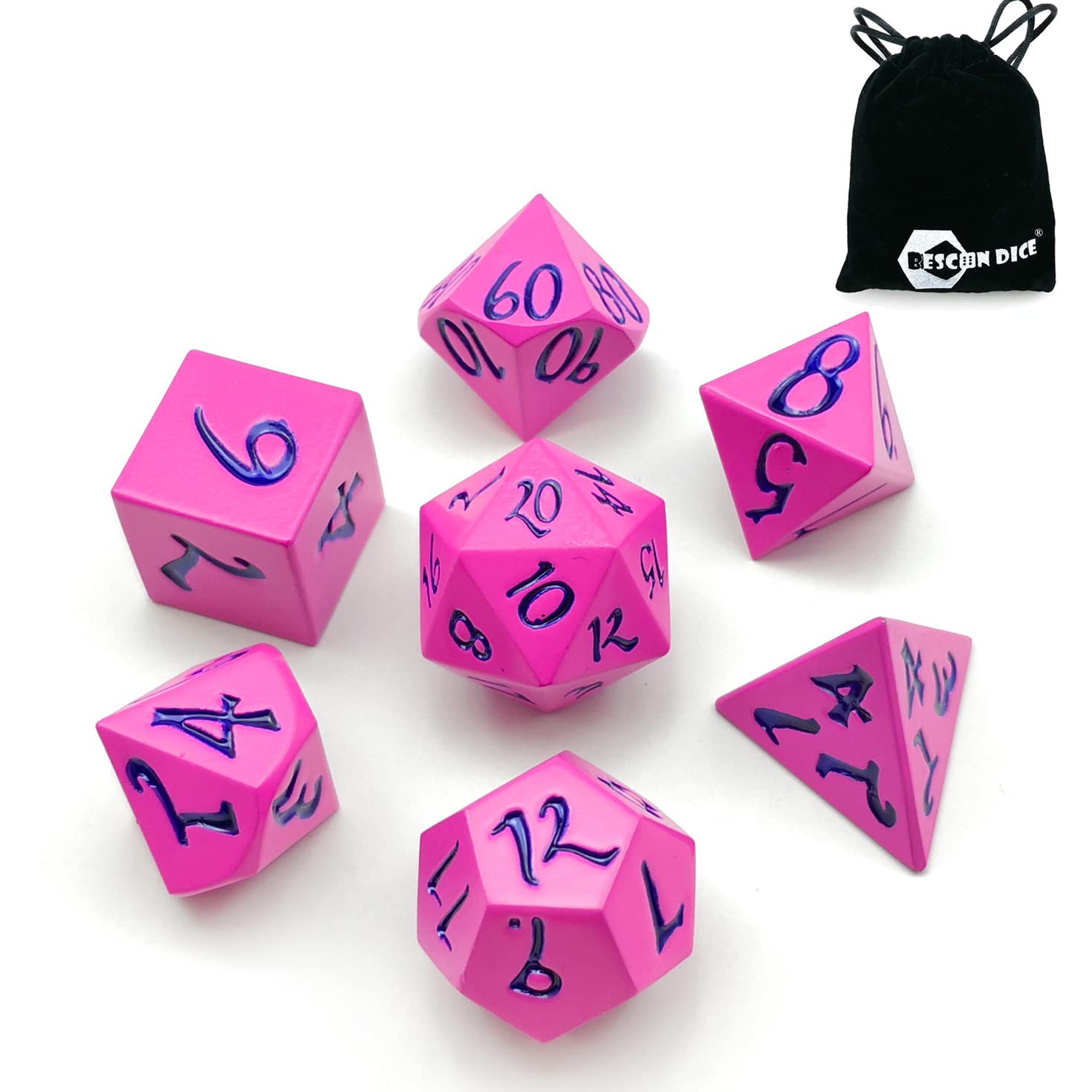 Bescon Fresh New Solid Metal Dice Set Deep Pink with Blue Numbers,Metal Miniature Polyhedral dice set of 7 for role Playing Games