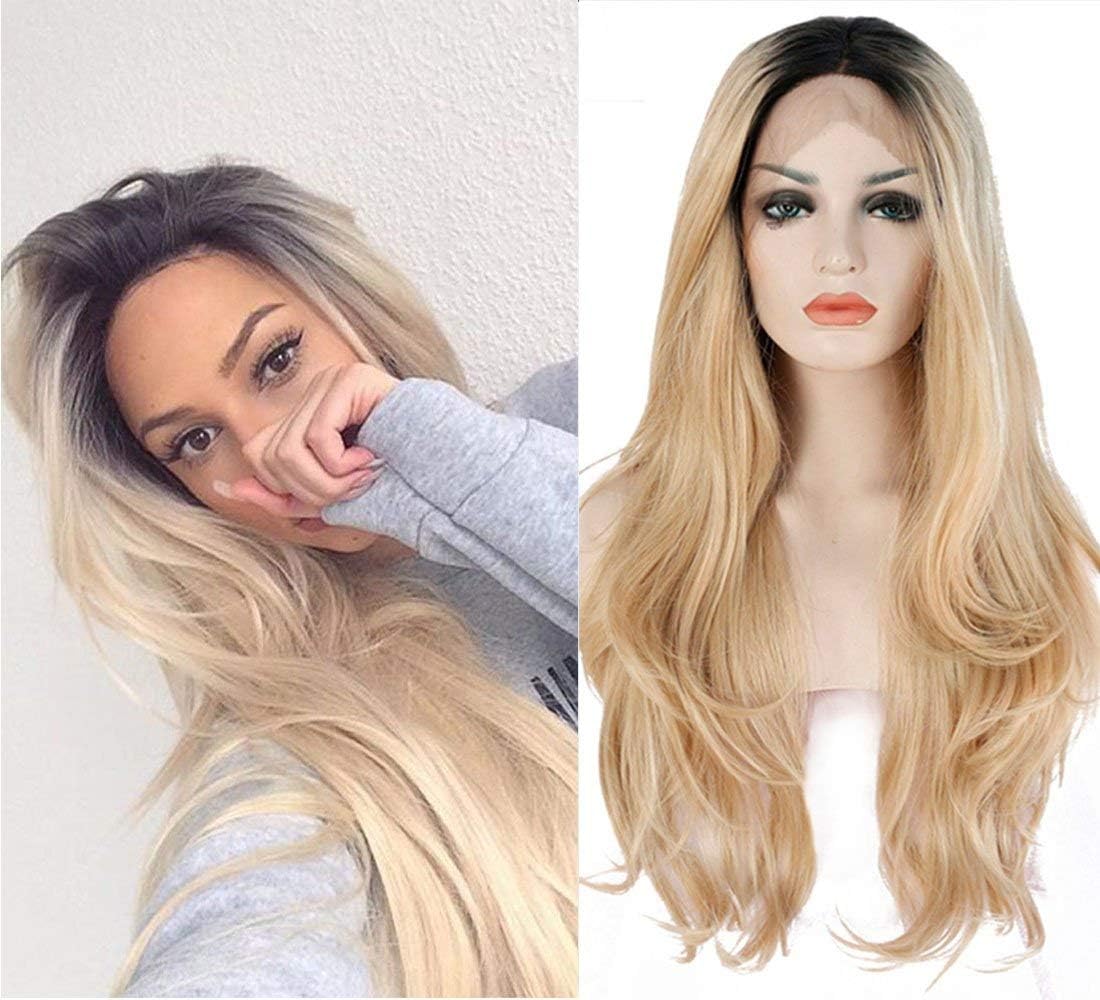Chanecci Synthetic Lace Front Wigs for Women Fashion Ombre Blonde Dark Root Long Body Wave Heat Resistant Hair Replacement Glueless Wig 22 Inch with Wigs Cap