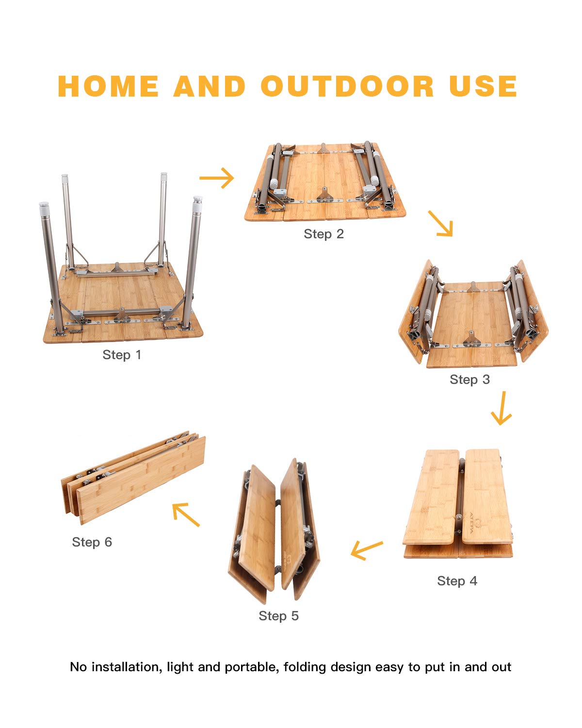ATEPA 4-Fold Bambu Heavy Duty Adjustable Height Aluminum Frame Folding Bamboo Table with Carry Bag
