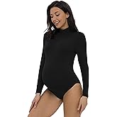 Foucome Women's Maternity Bodysuit Mock Turtle Neck Long Sleeve Tops Jumpsuit Pregnancy Stretchy Basic Body Suit Shirt