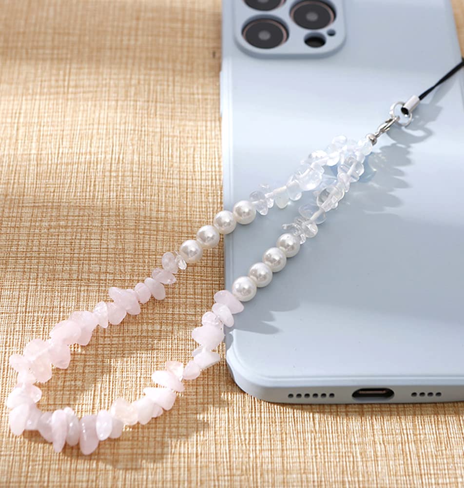 Duories Universal Mobile Phone Hand Strap, Crystal Stone Gravel Pearl Mobile Phone Chain, Pink