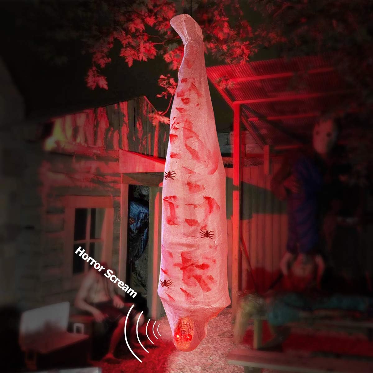 Extenuating Threads Cocoon Corpse Halloween Outdoor Decorations, Scary Hanging Decor, Hallomas Mummy Props with LED Skull Eyes Spooky Sound, Creepy Haunted House Tree Indoor Décor 72 inches : Garden & Outdoor