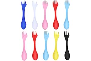 N-KONGJIAN 10 Pack Camping Forks, 3 in 1 Travel Spoon Fork Knife, 7 Inches Eco-Friendly Durable Plastic Sporks, 6 Colors Mixing Sporks for Backpacking Lunchbox