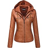 Springrain Women's Faux Leather Jacket Moto Biker Coat with Detachable Hood Motorcycle Jacket
