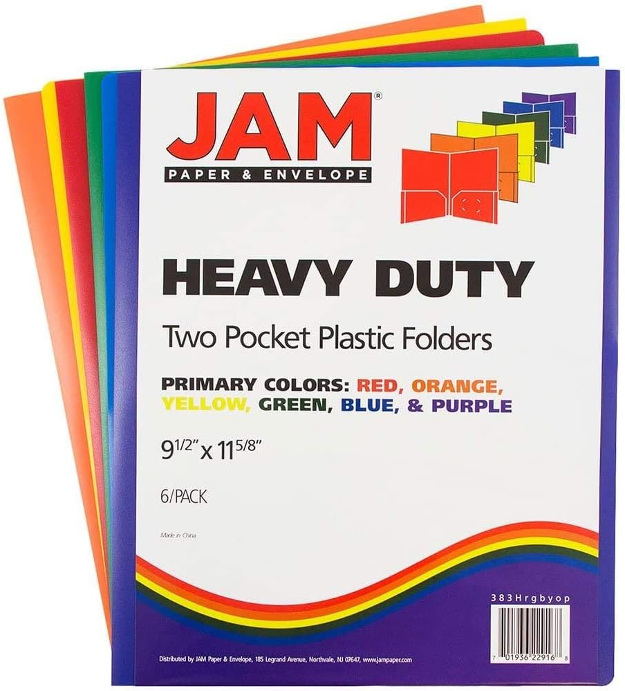 JAM PAPER Heavy Duty Plastic 2 Pocket School Folders - Assorted Primary Colors - 6/Pack : Office Products