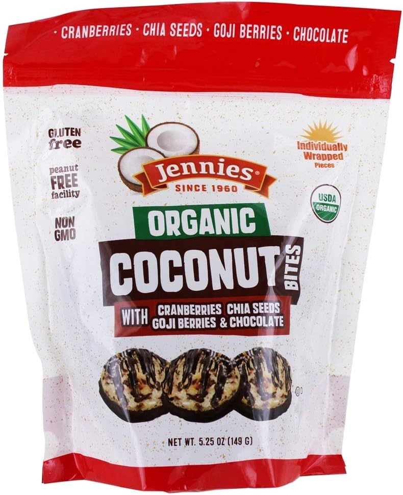 Jennies Organic Coconut Bites with Cranberries, Goji, Chia Seeds, & Chocolate 5.25oz (2 Pack) | Gluten Free | Peanut Free | Dairy Free | Individually WrappedUSDA Organic