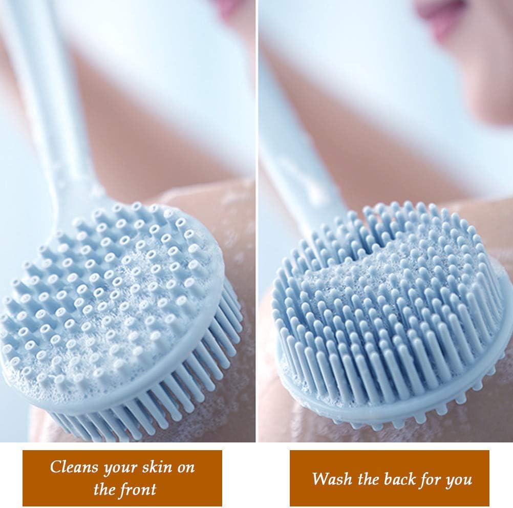 Long Handle Silicone Shower Brush, Doublesided Back Scrubber, Blue