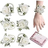 HTMUJR Wrist Corsage Wristlet Band Bridesmaid Bouquet Set of 6,Wedding Corsage Wristlets for Brides,Homecoming Wrist Flower for Proms, Party (White, Corsage 6pcs)