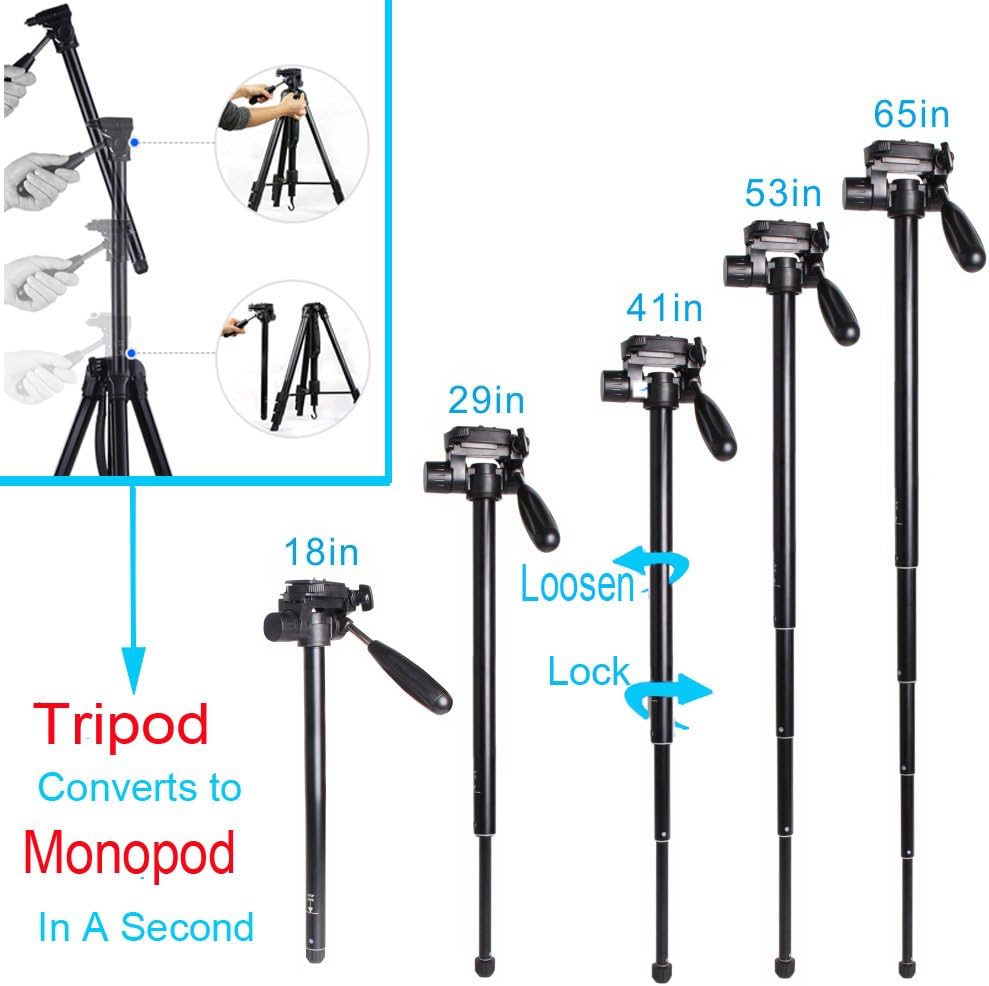 Regetek Camera Tripod Travel Monopod (70" Aluminum Professional Video Camera Mount Leg) Adjustable Stand with Flexible Head for Canon Nikon Dv DSLR Camcorder Gopro Cam& Carry Bag & Cellphone Mount