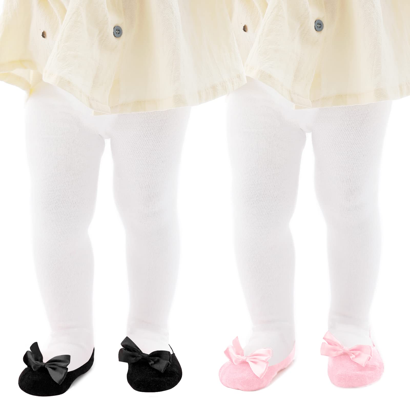 Photo 1 of Mini angel Baby Girl Tights Non Slip Baby Tights 0-3 Months Girls Shoe-Look Leggings Bow Cotton Pantyhose for Newborn Infant 2 Pack (Black, Pink, XXS)