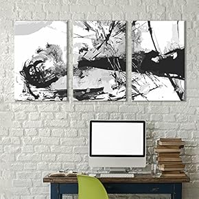 3 Panel Black Abstract Splattered Trees Brush Stroke...