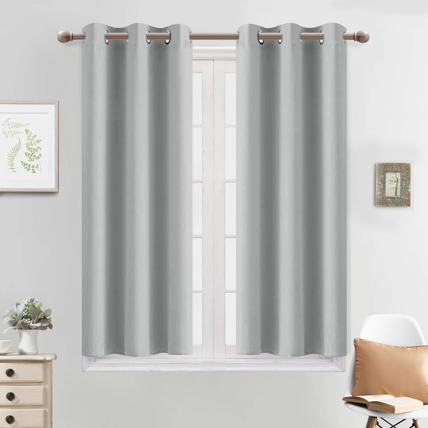 Yakamok Light Gray Blackout Curtains Light Blocking Thermal Insulated Window Panels,Solid Grommet Top Drapes for Bedroom(38x45 Inch, Light Grey, 2 Panels)