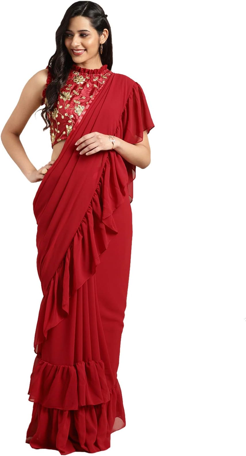 Inddus Maroon Georgette Solid Ruffle Saree With Blouse (Un-Stitched).
