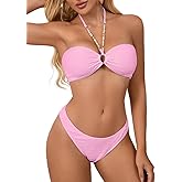EHSUYAB Sexy Womens 2 Piece Swimsuit, Pearl Halter Bandeau Strapless O Ring Cute Bikini, Cheeky Bathing Suit Vacation Outfits