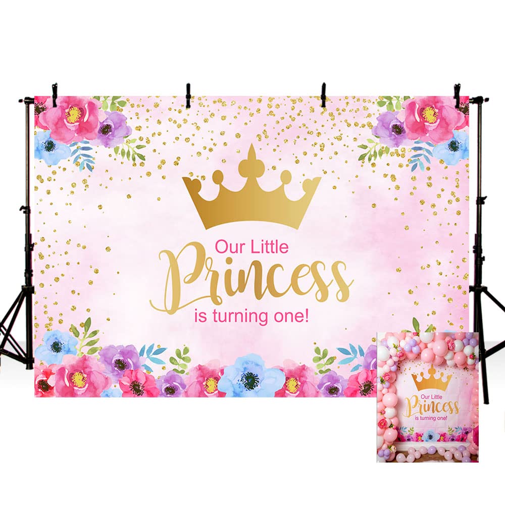 MEHOFOND 7x5ft Little Princess Happy 1st Birthday Photography Studio Backgrounds Party Decorations Pink Floral and Gold Glitter Spring Garden Girl One Birthday Banner Photo Backdrops for Cake Table