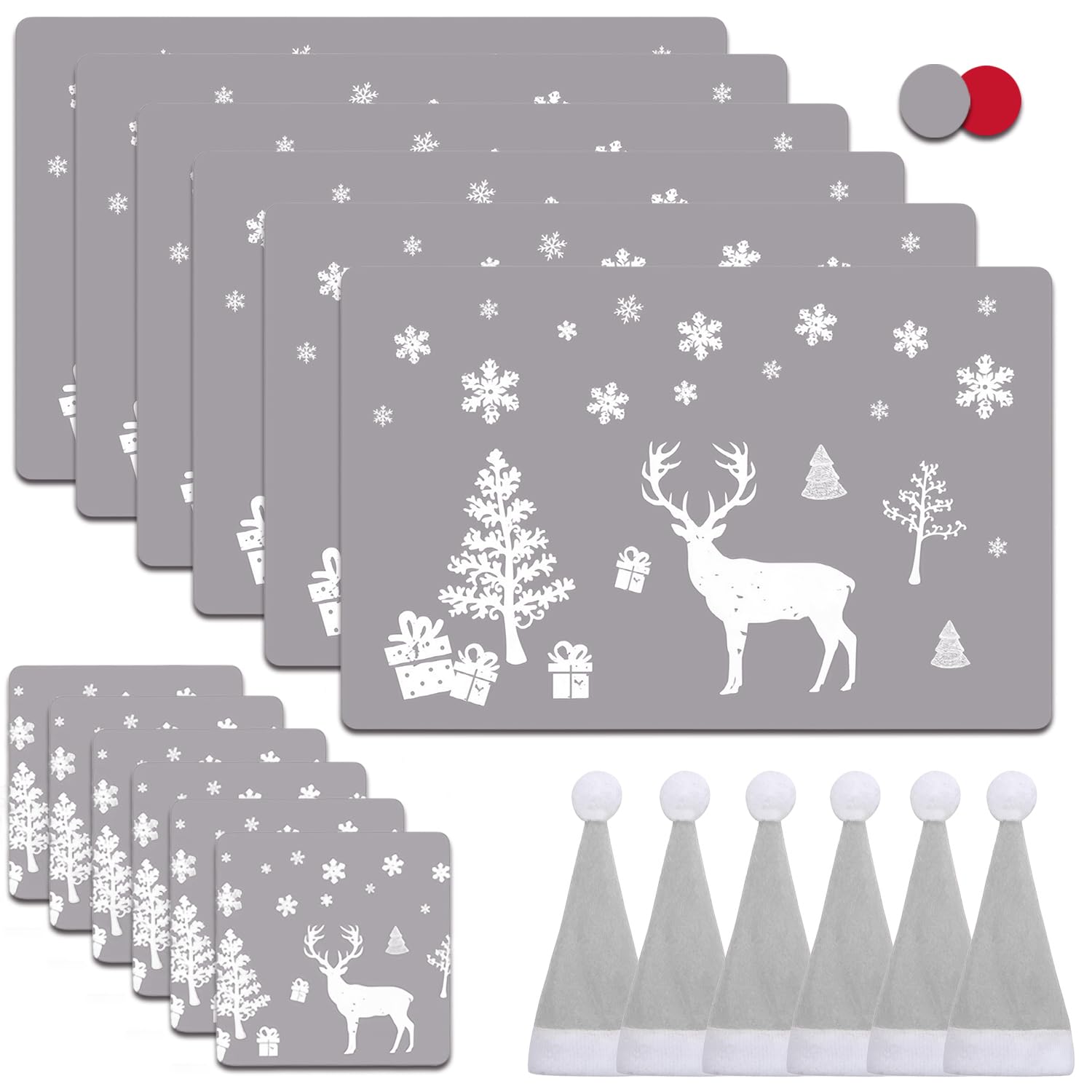 MQIAN 18PCS Christmas Placemats and Coasters Set, Washable Heat Resistant Reindeer Placemats with Cup Mats