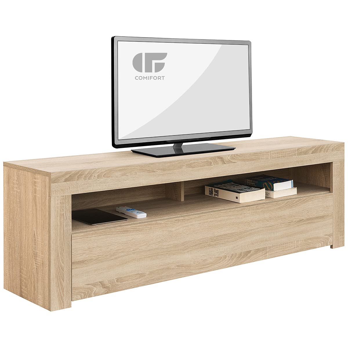 Comifort-AP84S–Mueble-TV-Salon-Moderno-Mesa-Television-Colores-Blanco-BlancoRoble-Roble-Medidas-160x35x50-Cm