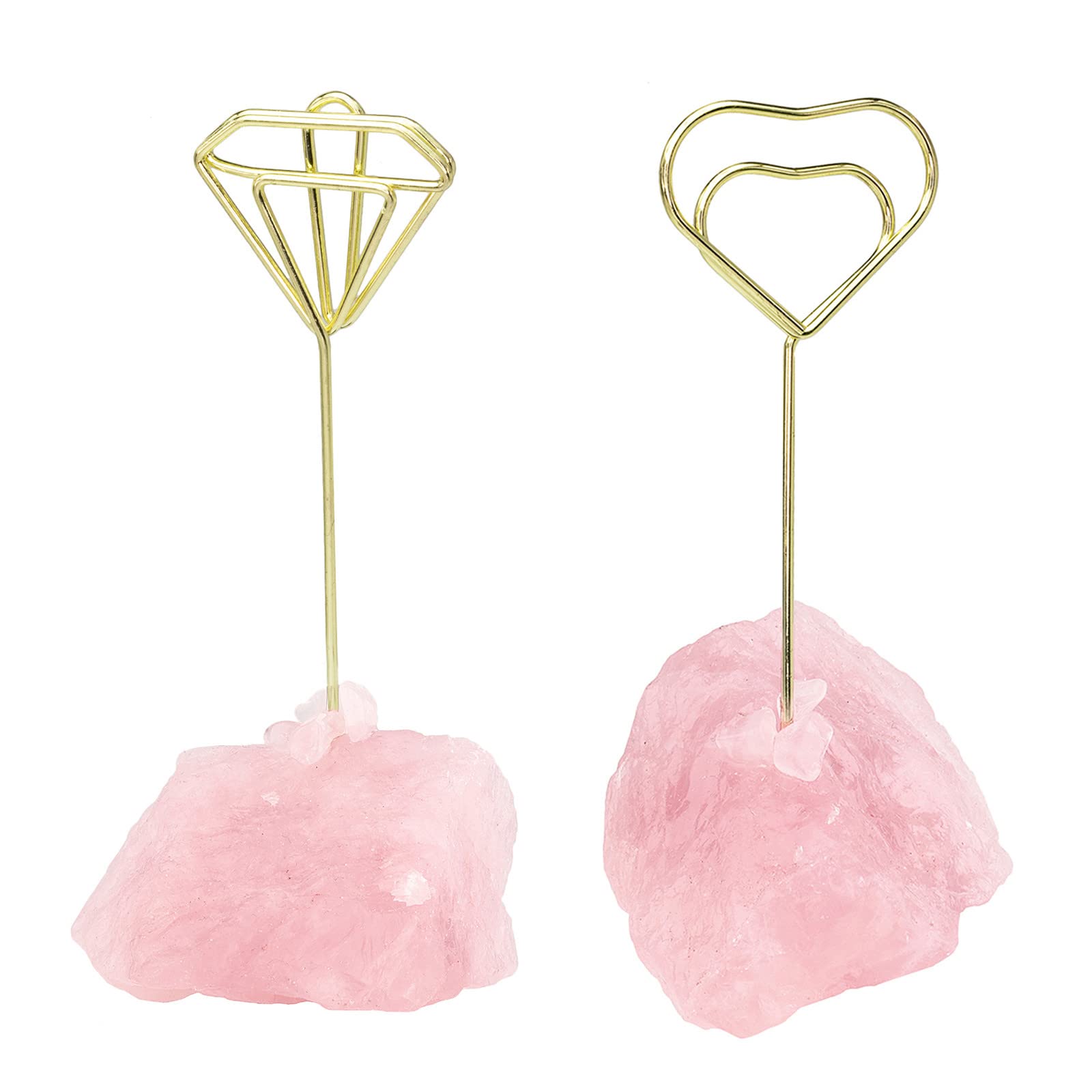Nupuyai 2pcs Rose Quartz Natural Raw Stone Golden Stand Clip Photo Holders Set, Wedding Name Card Memo Card Holders for Table Decor, Heart & Diamond Shape